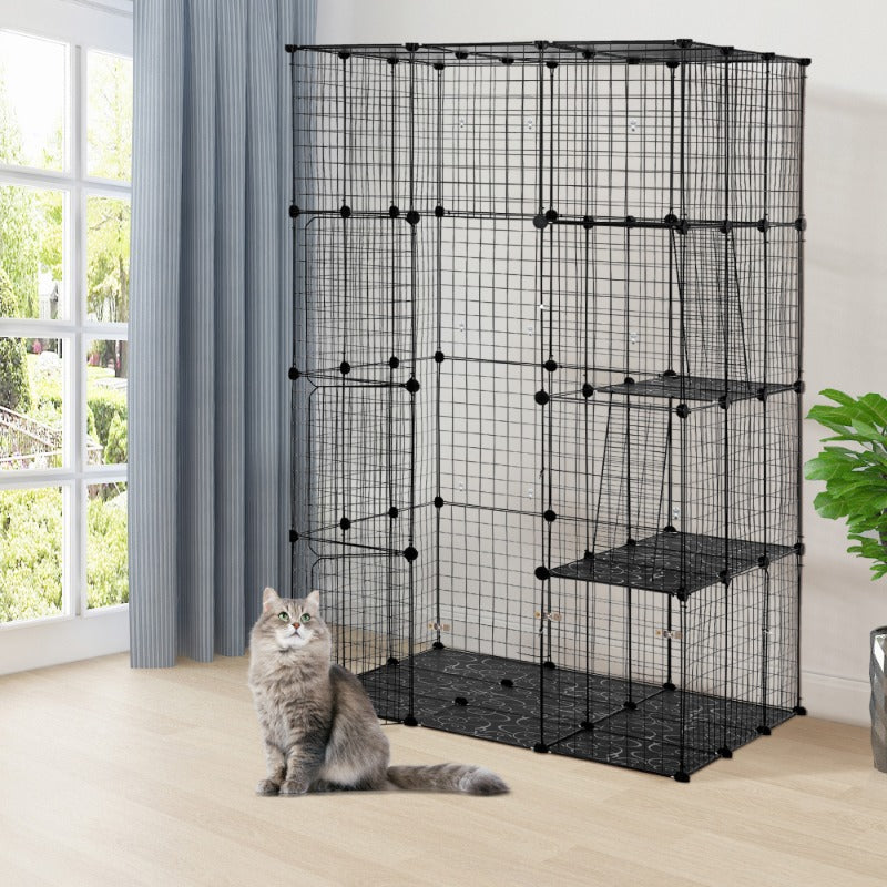 3-Tier Wire Cat Cage, Large Kennels Playpen with 3 Platforms, 3 Ramp Ladders and 4 Doors, 42" X 42" X 72", Black