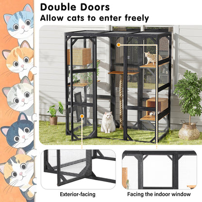 Outdoor Cat House, DIY Cat Enclosure, Cat Catio with Double Enter Doors, 62.8"L X 32.2"W X68.5"H Balcony Cat Playpen