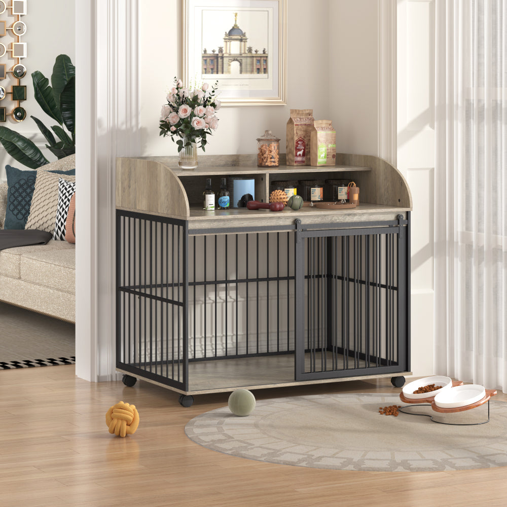 44'' Heavy Duty Large Crate Furniture for Large Medium Dog with Lockable Wheels, Wooden Dog Crate Dog Kennel