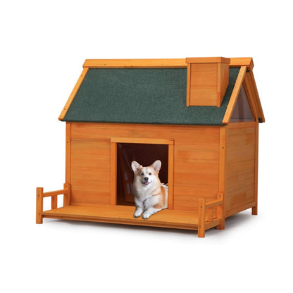 Indoor Outdoor Dog House, Wood Dog Cabin with Porch, Curtained Door, Waterproof Asphalt Roof, Pet Crate Kennel for Small to Medi