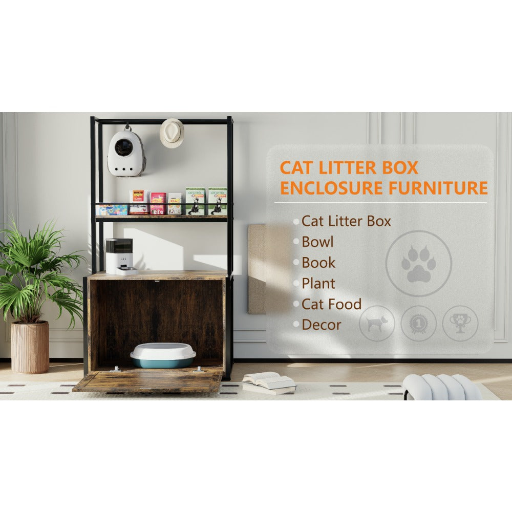 55"Refined Litter Box Enclosure with Storage Shelves and 2 Hanging Clothes Rack, 4-in-1 Hidden Cat Litter Box