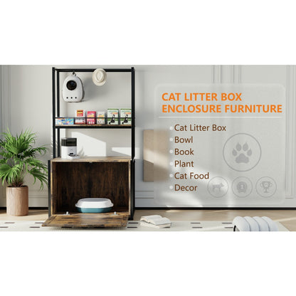 55"Refined Litter Box Enclosure with Storage Shelves and 2 Hanging Clothes Rack, 4-in-1 Hidden Cat Litter Box