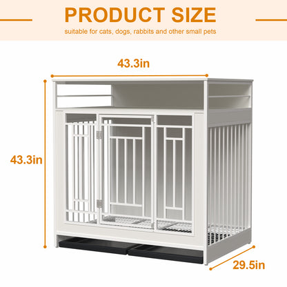 43.3 Inch Dog Crate Furniture for Large Dogs,Wooden Dog Crate with Divider,Double Door Dog Kennel with Three Drawers Storages