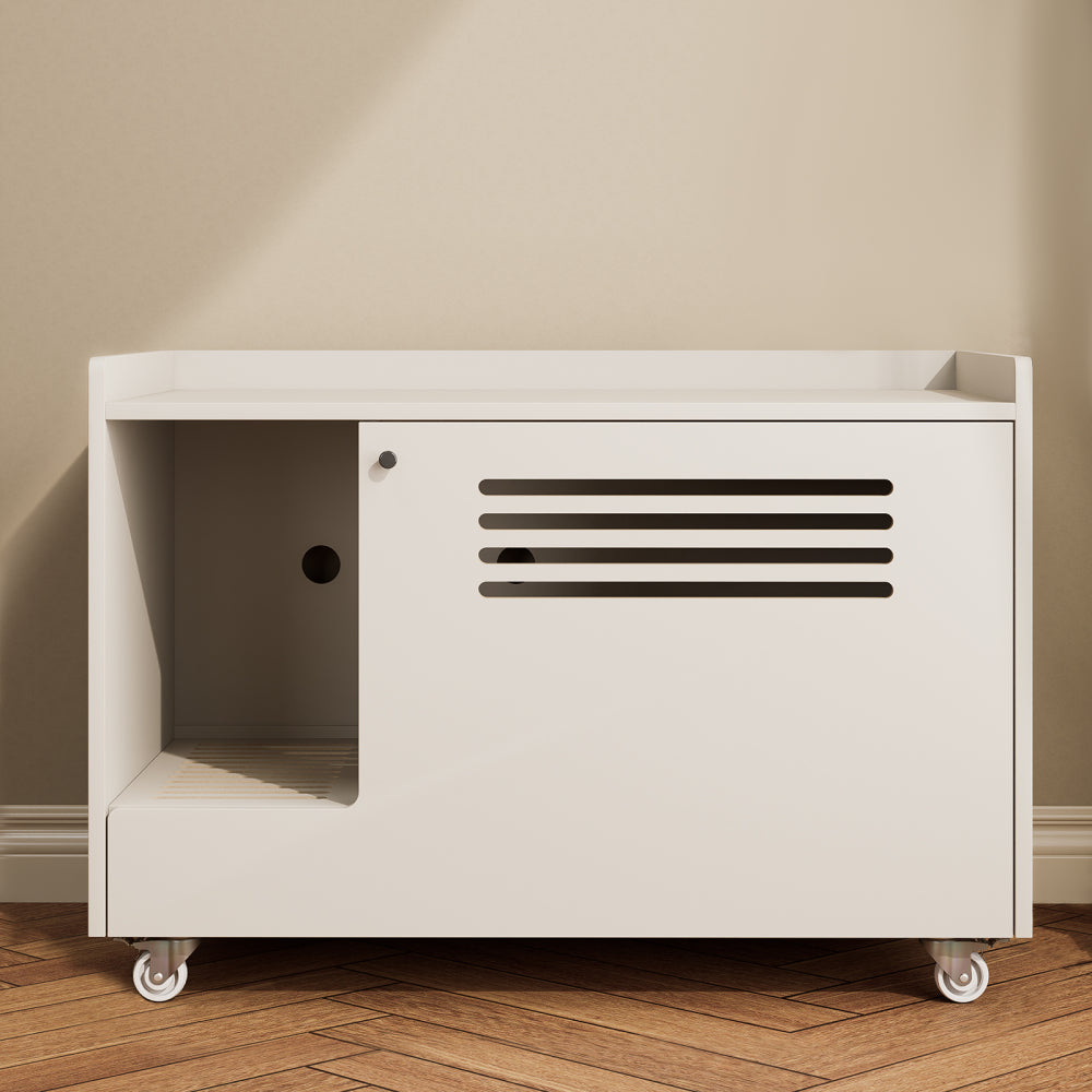 White Cat Litter Box Enclosure,Hidden Litter Box Furniture with Top Side Fence,Wooden Pet House Side End Table