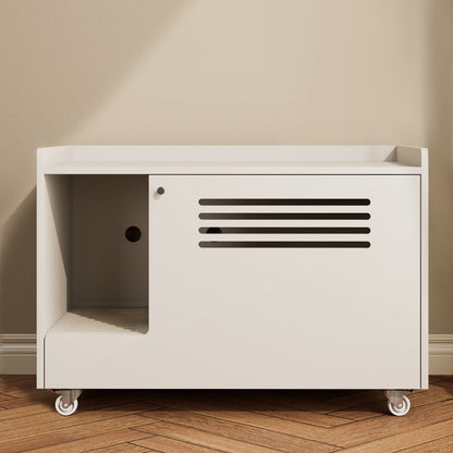 White Cat Litter Box Enclosure,Hidden Litter Box Furniture with Top Side Fence,Wooden Pet House Side End Table