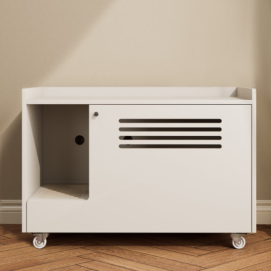 White Cat Litter Box Enclosure,Hidden Litter Box Furniture with Top Side Fence,Wooden Pet House Side End Table