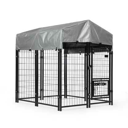 Heavy Duty Dog House, Dog Pen with Roof, Reversible Feeding Door, Stainless Steel Feeding Bowls, Dog Fence Cage for Small to Lar