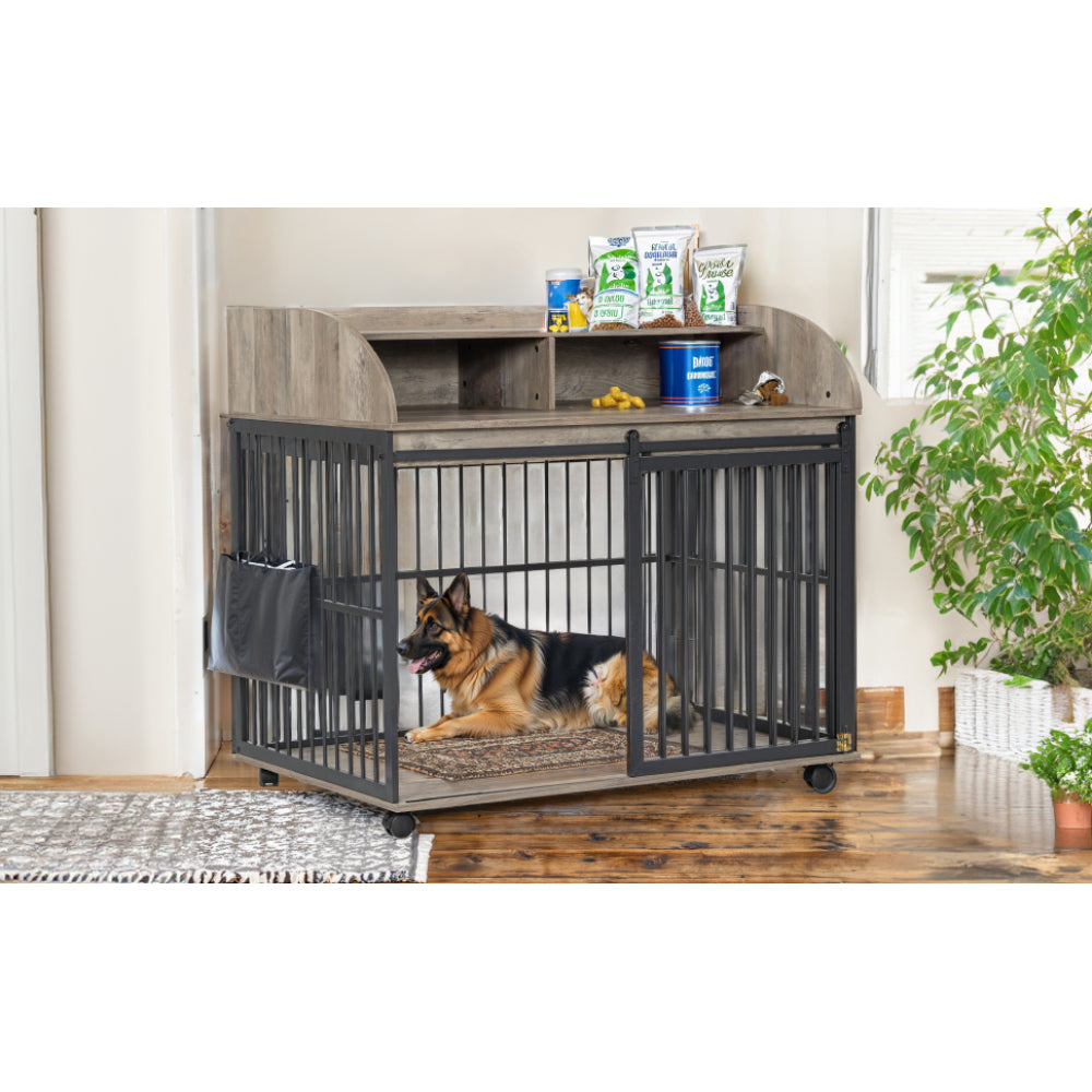44'' Heavy Duty Large Crate Furniture for Large Medium Dog with Lockable Wheels, Wooden Dog Crate Dog Kennel