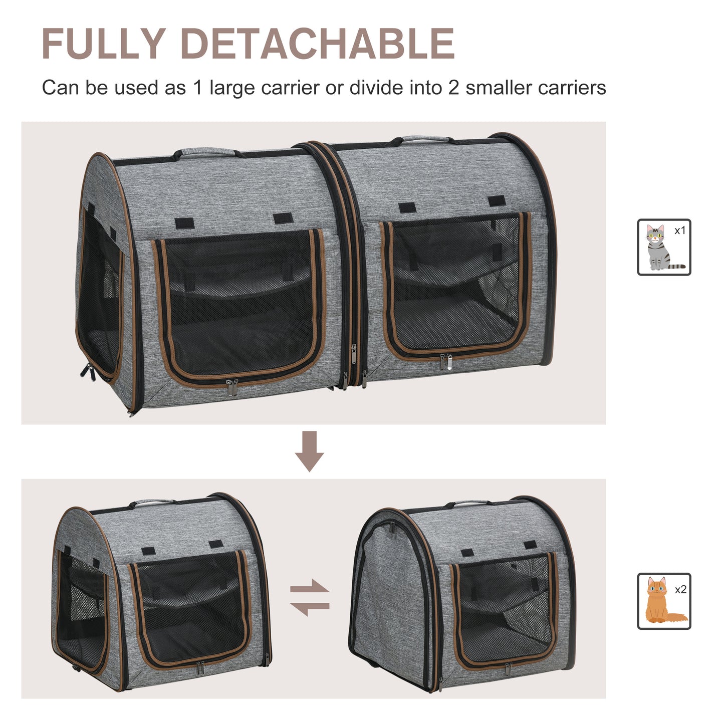 Portable Grey FCJ Pet Cat Carrier Soft-sided with Divider and Two Compartments Padded and Polyester Storage Bag for Travel