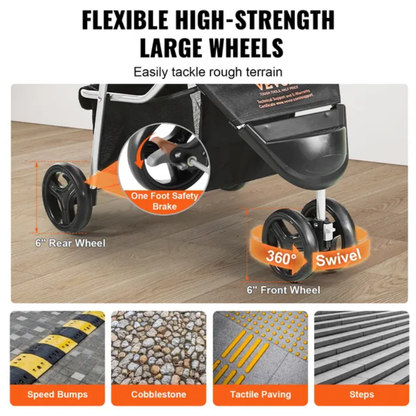 VEVOR FCJ 3-Wheel Pet Stroller Heavy Duty Puppy Stroller Front Pedal for Velcro Storage Basket Cup Holder Rotate Brakes for Dogs