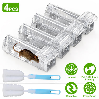 4Pcs Reusable Plastic Humane Live Mouse Trap Safe Rodent Catch Release Cage for Family Children & Pets Easy Setup