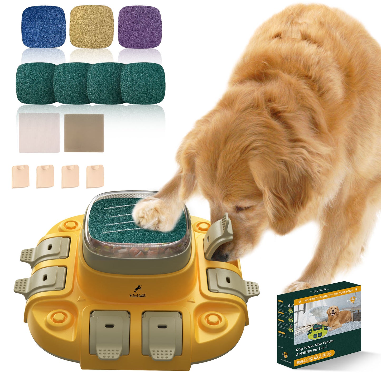 3-in-1 Puzzle Toy & Dog Nail File, Enrichment Toys with Treat Dispenser, Scratch Pad for Nails with 8 Sandpapers, Yellow