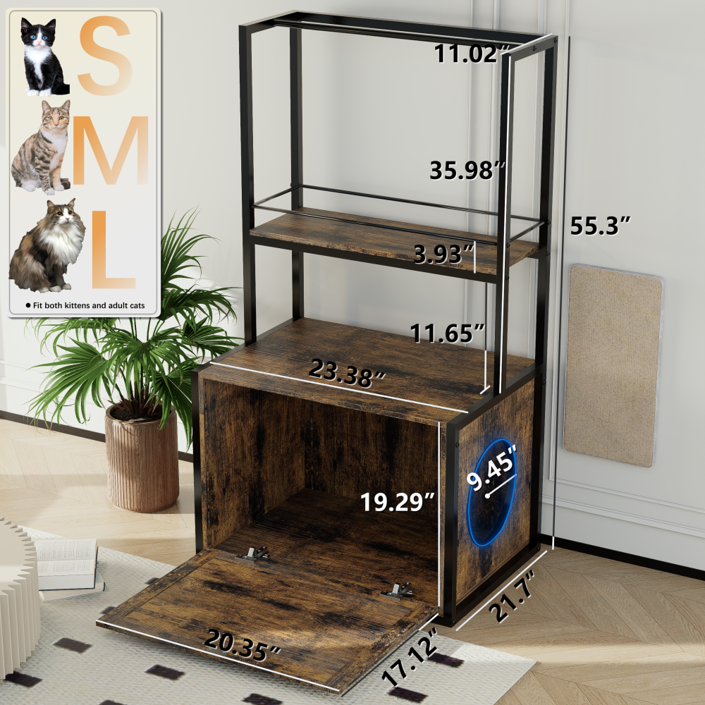 55"Refined Litter Box Enclosure with Storage Shelves and 2 Hanging Clothes Rack, 4-in-1 Hidden Cat Litter Box
