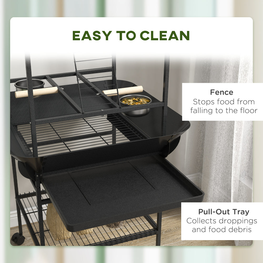 Bird Stand with Wheels, Parrot Stand with Perches, Stainless Steel Feed Bowls, Pull-Out Tray, Toy Hanger