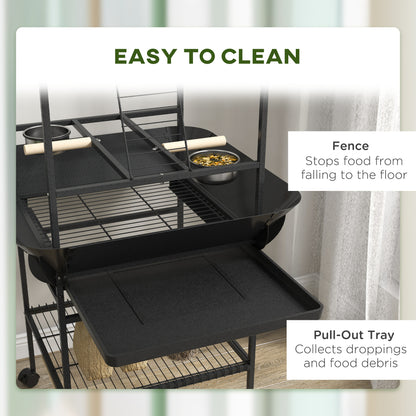 Bird Stand with Wheels, Parrot Stand with Perches, Stainless Steel Feed Bowls, Pull-Out Tray, Toy Hanger