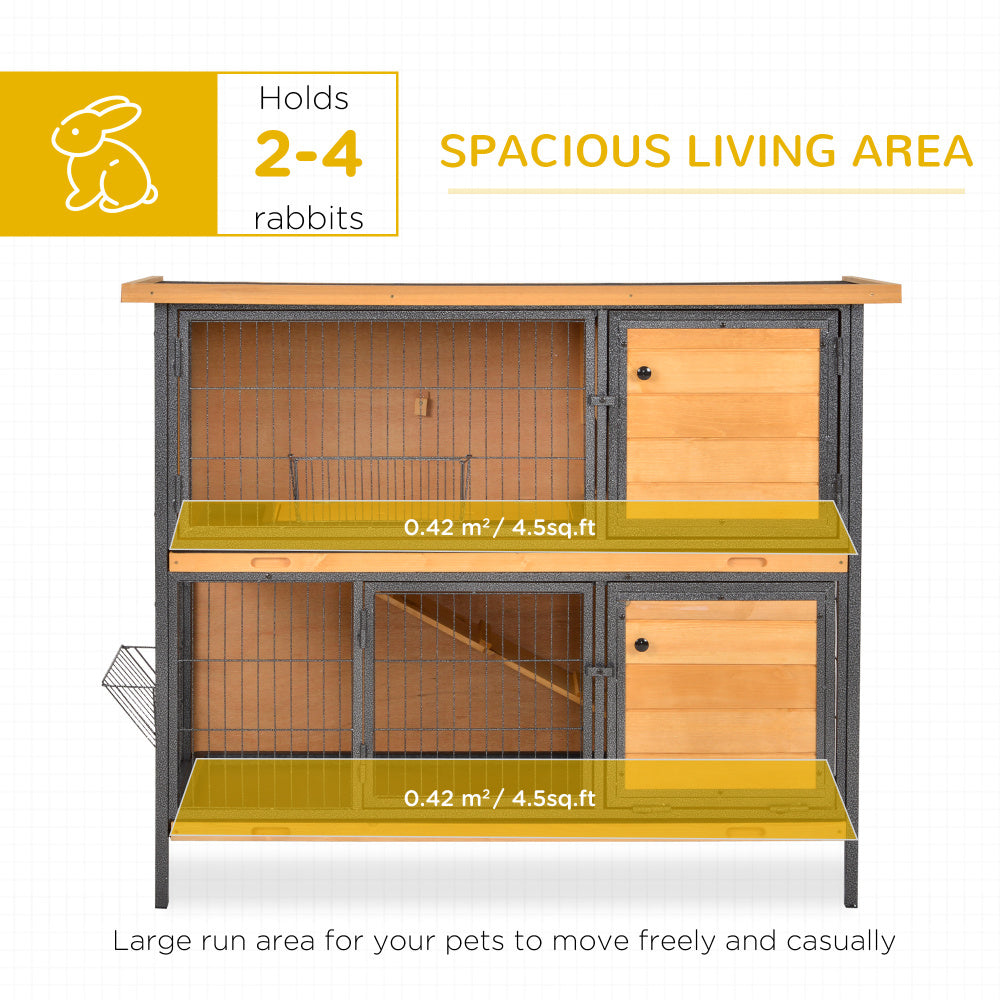 48" 2-Story Large Rabbit Hutch Bunny Cage Wooden Pet House Metal Frame with Individual Room