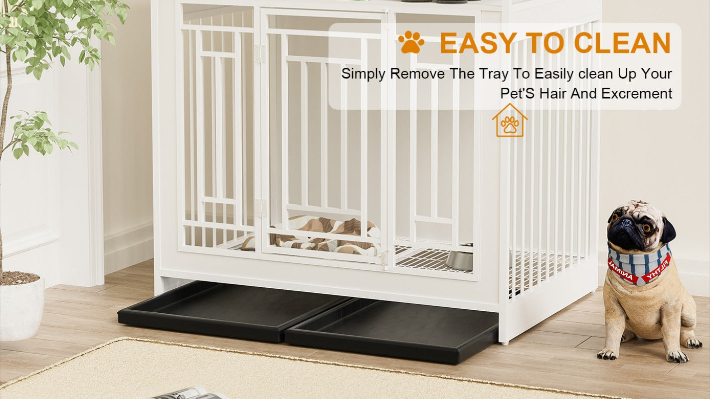 43.3 Inch Dog Crate Furniture for Large Dogs,Wooden Dog Crate with Divider,Double Door Dog Kennel with Three Drawers Storages