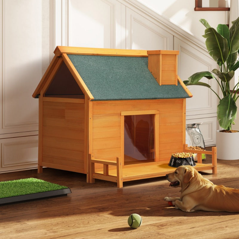 Indoor Outdoor Dog House, Wood Dog Cabin with Porch, Curtained Door, Waterproof Asphalt Roof, Pet Crate Kennel for Small to Medi