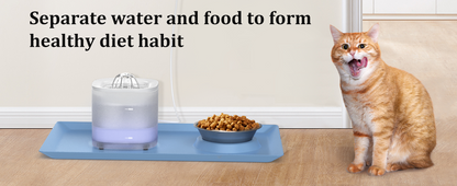 Cat Water Fountain and Food Bowl Set with Mat 1.8L Automatic Pet Running Water Dispenser with LED Light Ultra Silent