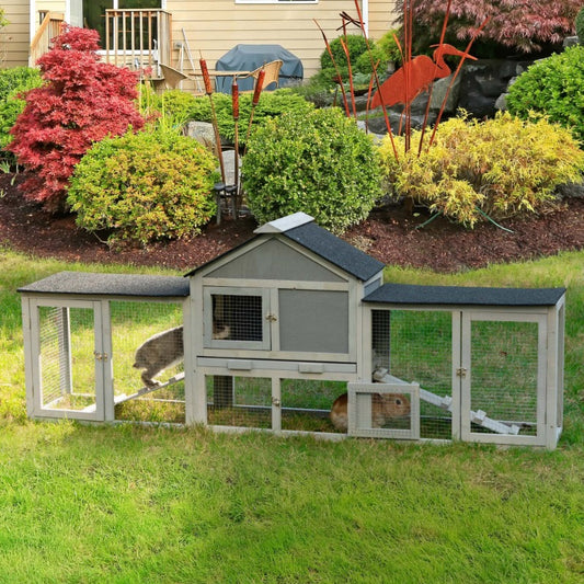 2-Story Wood Rabbit Hutch, Indoor Outdoor Bunny Cage with Double Runs and Weatherproof Roofs, Guinea Pig Pet House for Small Ani
