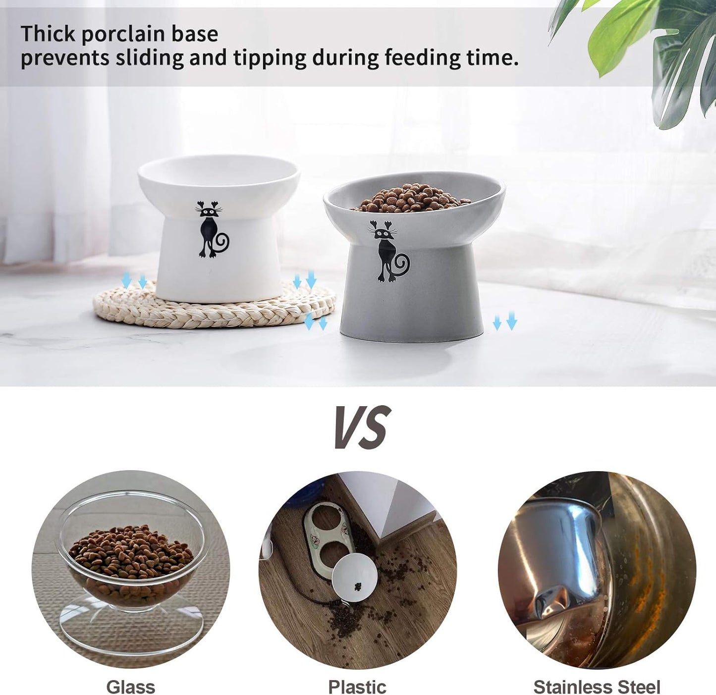 Tilted Raised Cat Food and Water Bowl Set,Elevated Slanted Cat Feeder Bowls,Ceramic Pet Bowls,Protect Pet'S Spine,Backflow Prevention,2 Pack(White&Grey)