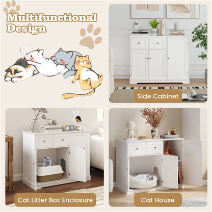 Cat Litter Box Enclosure With 2 Drawers 3 Doors Anti-Toppling Devices Storage
