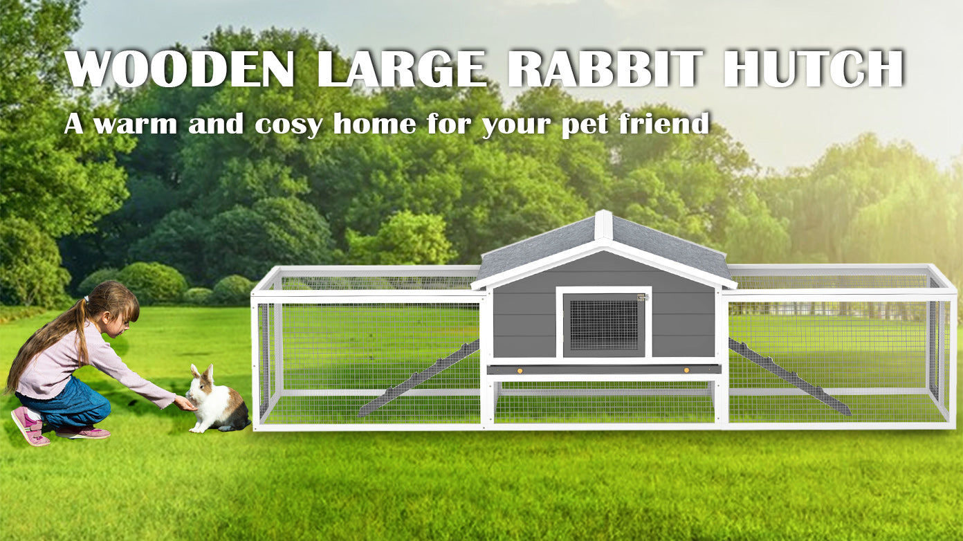2-Story Large Wooden Rabbit Hutch Pet House with Ramps, Lockable Doors, Run Area and Asphalt Roof for Outdoor Use