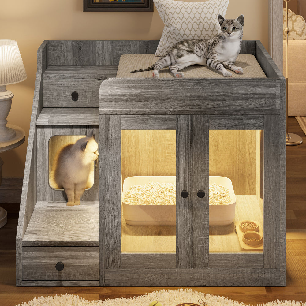 47.25" Large Cat Litter Box Enclosure with LED Light, Hidden Litter Box Furniture, Cat House with Stairs and Cat Scratching Post