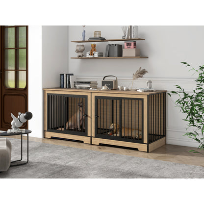 Dog Crate Furniture with Two Combined Room, XL Large Double Dog Cage Furniture with Tray for Medium Large Dogs