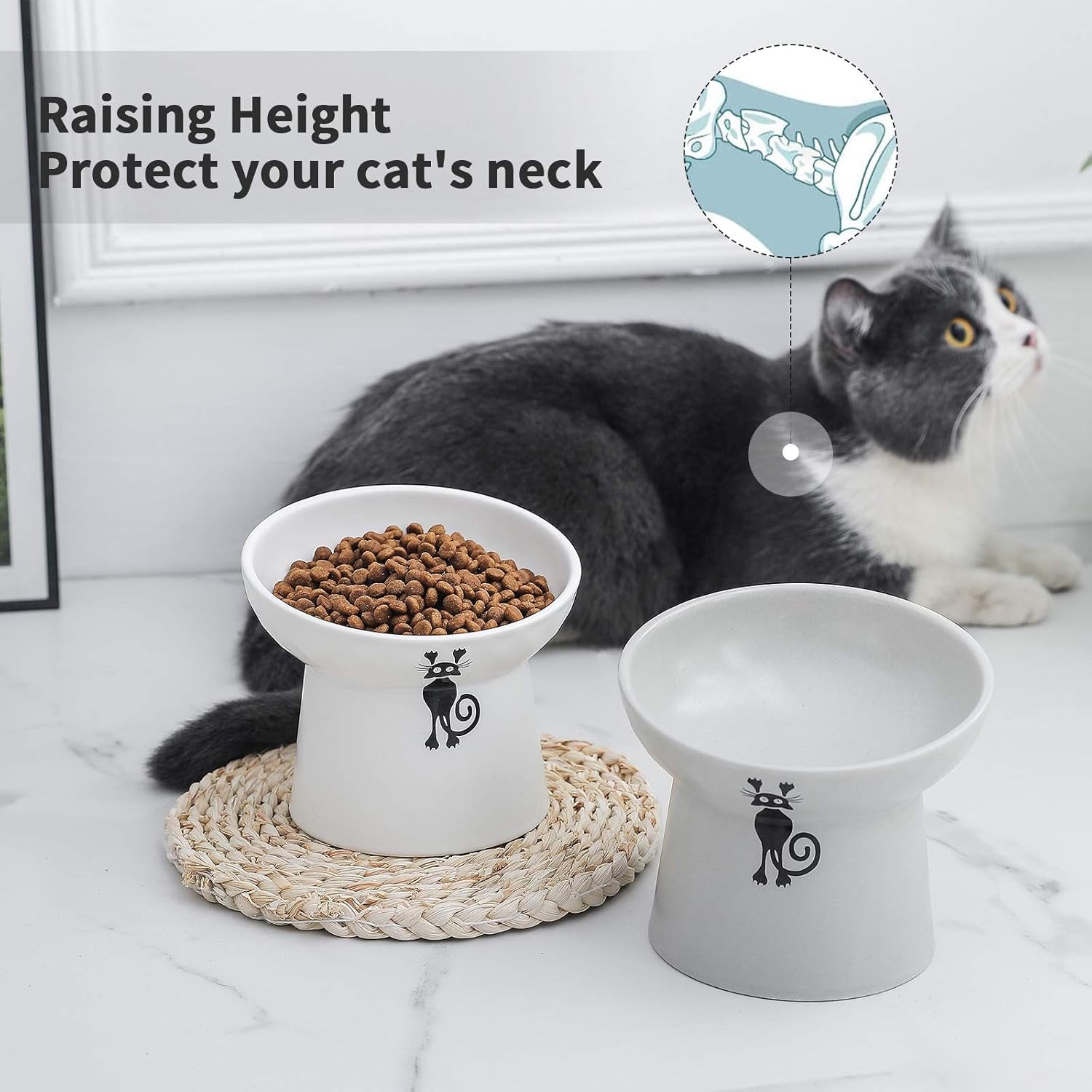 Tilted Raised Cat Food and Water Bowl Set,Elevated Slanted Cat Feeder Bowls,Ceramic Pet Bowls,Protect Pet'S Spine,Backflow Prevention,2 Pack(White&Grey)