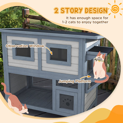 Outdoor Cat House, 2 Tier Weatherproof Feral Cat Shelter with Escape Door, Asphalt Roof