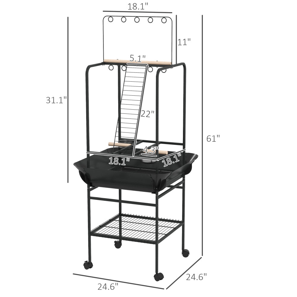 Bird Stand with Wheels, Parrot Stand with Perches, Stainless Steel Feed Bowls, Pull-Out Tray, Toy Hanger