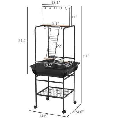 Bird Stand with Wheels, Parrot Stand with Perches, Stainless Steel Feed Bowls, Pull-Out Tray, Toy Hanger