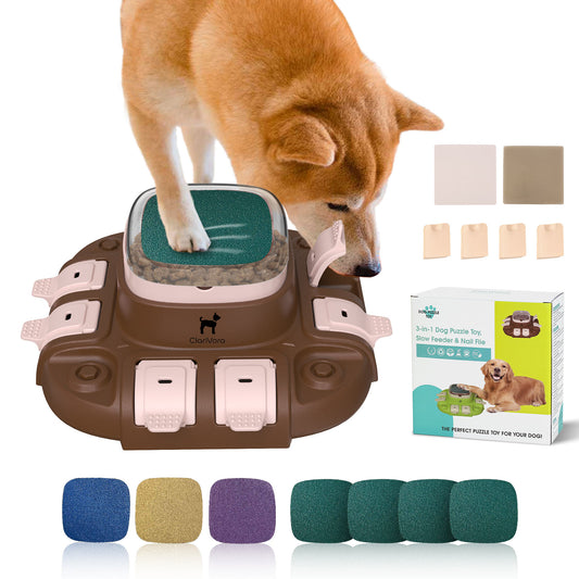 Dog Puzzle, 3-in-1 Dog Interactive Toy: Puzzle, Slow Feed & Dog Nail File Brown