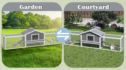 2-Story Large Wooden Rabbit Hutch Pet House with Ramps, Lockable Doors, Run Area and Asphalt Roof for Outdoor Use