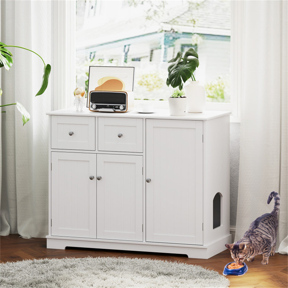 Cat Litter Box Enclosure With 2 Drawers 3 Doors Anti-Toppling Devices Storage