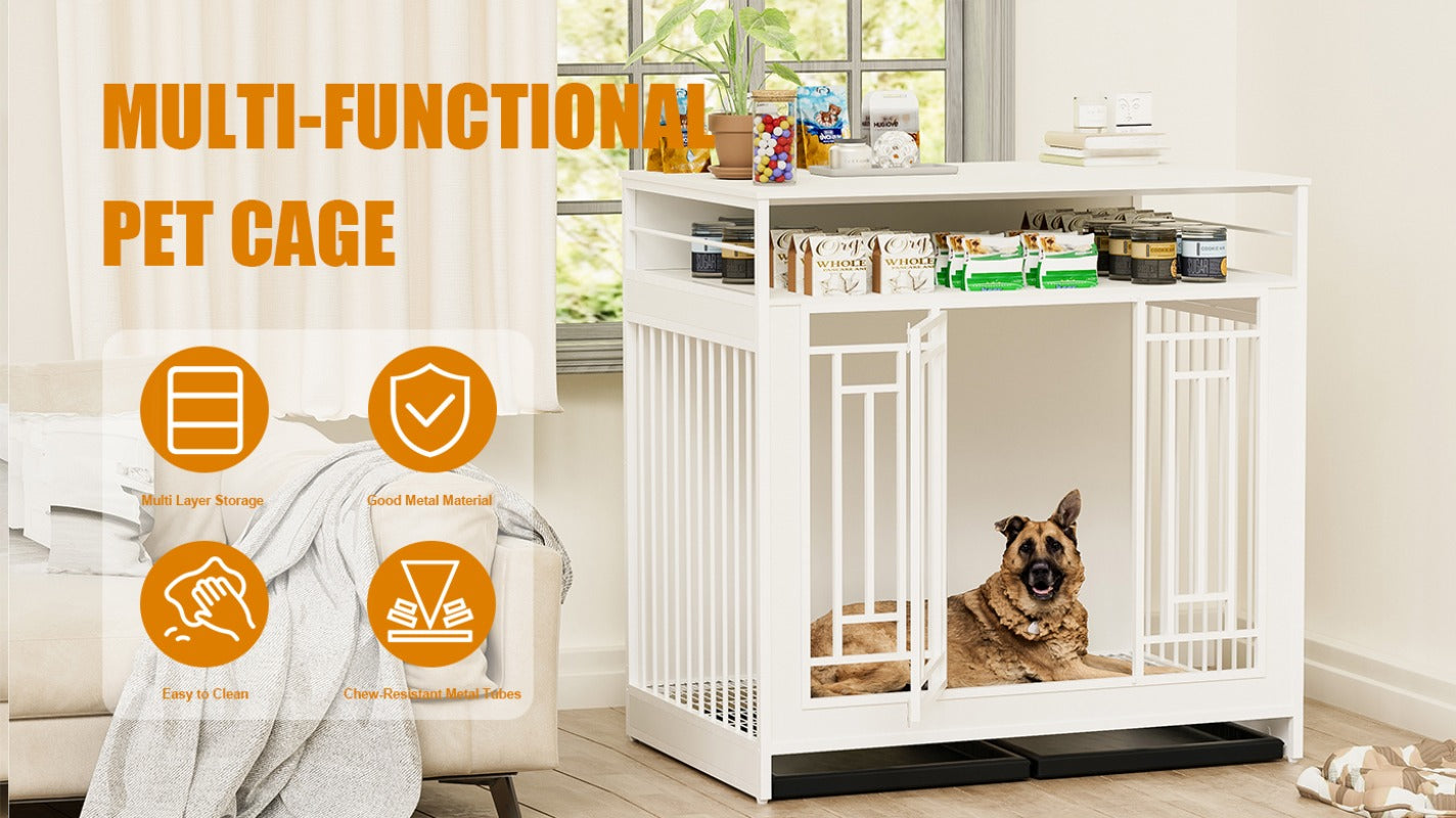 43.3 Inch Dog Crate Furniture for Large Dogs,Wooden Dog Crate with Divider,Double Door Dog Kennel with Three Drawers Storages