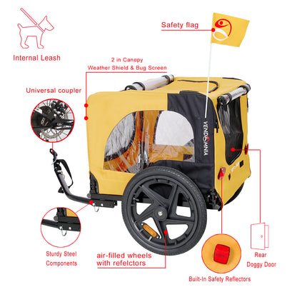 Yellow Outdoor Heavy-Duty Foldable Pet Stroller Practical Dog Carrier with Bicycle Tow Fashionable Oxford Fabric for Dogs & Cats