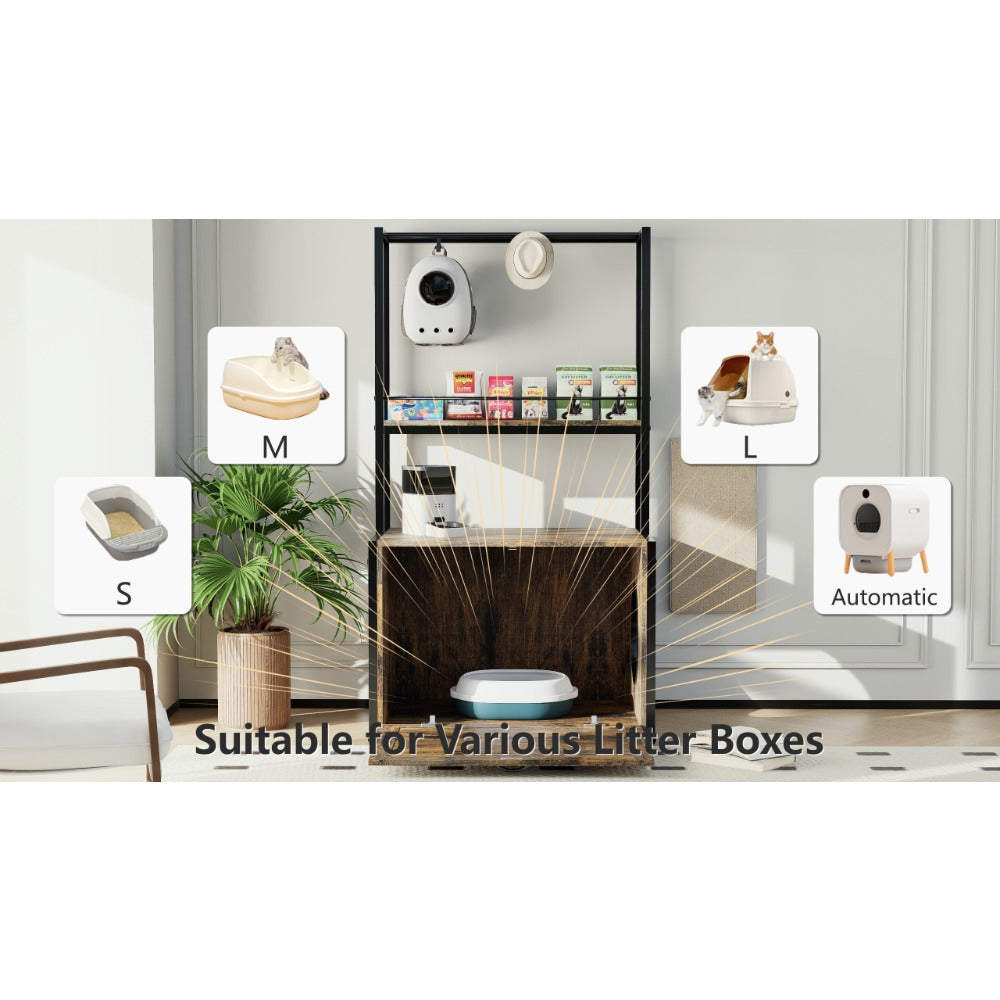 55"Refined Litter Box Enclosure with Storage Shelves and 2 Hanging Clothes Rack, 4-in-1 Hidden Cat Litter Box