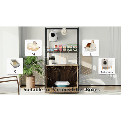 55"Refined Litter Box Enclosure with Storage Shelves and 2 Hanging Clothes Rack, 4-in-1 Hidden Cat Litter Box