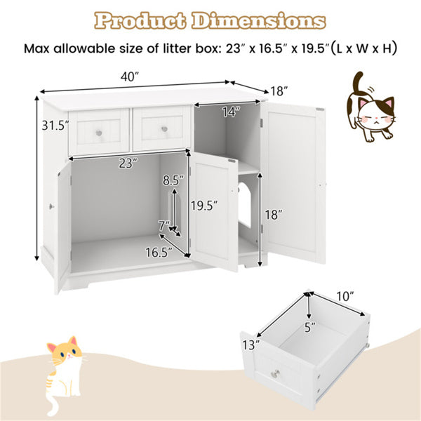 Cat Litter Box Enclosure With 2 Drawers 3 Doors Anti-Toppling Devices Storage