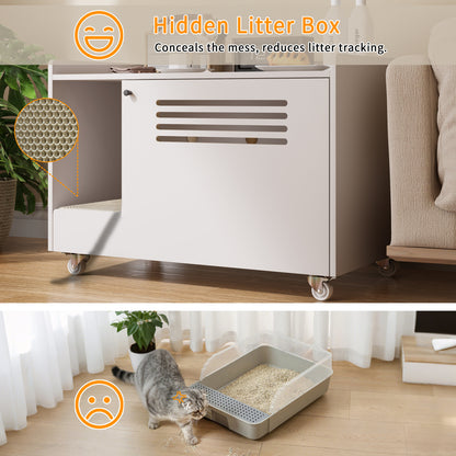 White Cat Litter Box Enclosure,Hidden Litter Box Furniture with Top Side Fence,Wooden Pet House Side End Table