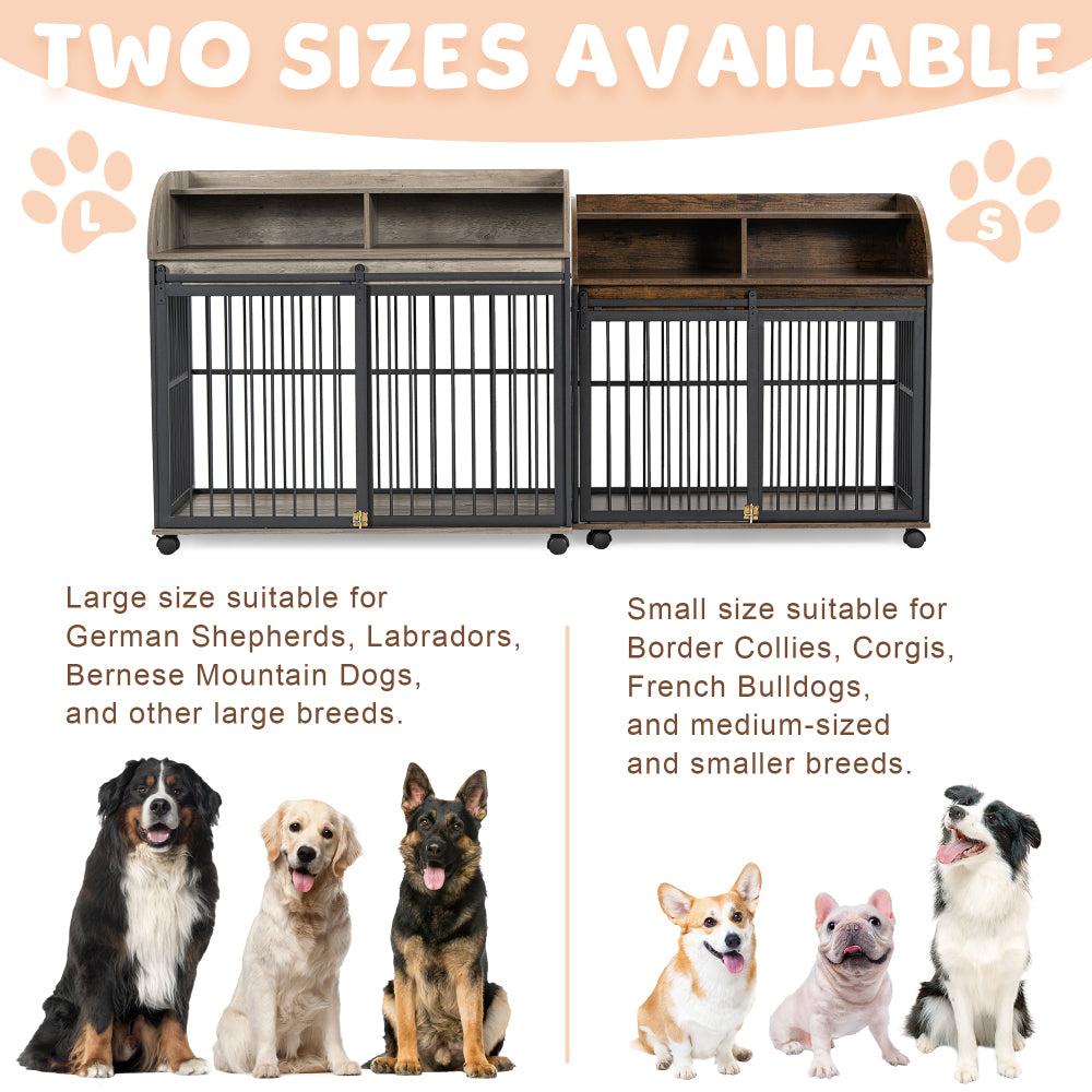 44'' Heavy Duty Large Crate Furniture for Large Medium Dog with Lockable Wheels, Wooden Dog Crate Dog Kennel