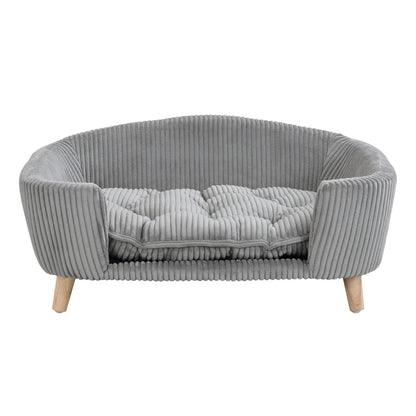 Elevated Dog Bed Frame for Small Dog, Corduroy Pet Couch Bed with Rubber Wood Legs and Supportive Foam, Gray, Easy Assembly