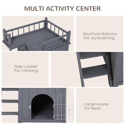 2-Level Grey Wooden Cat House with Lockable Wire Door Pet Furniture