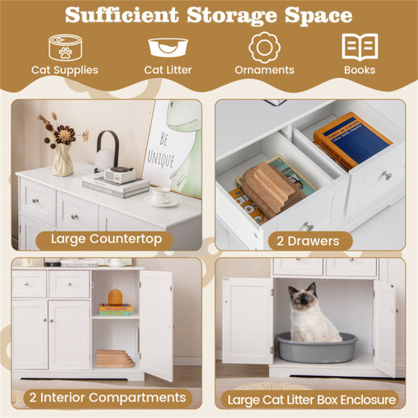 Cat Litter Box Enclosure With 2 Drawers 3 Doors Anti-Toppling Devices Storage