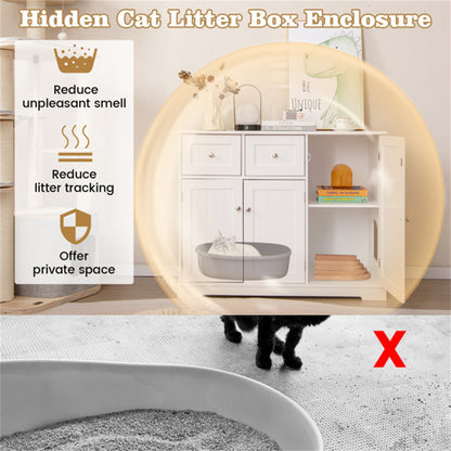 Cat Litter Box Enclosure With 2 Drawers 3 Doors Anti-Toppling Devices Storage