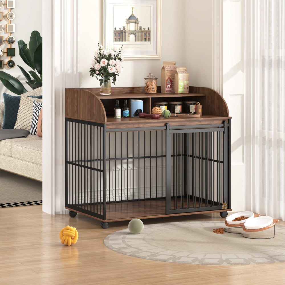 44'' Heavy Duty Large Crate Furniture for Large Medium Dog with Lockable Wheels, Wooden Dog Crate Dog Kennel