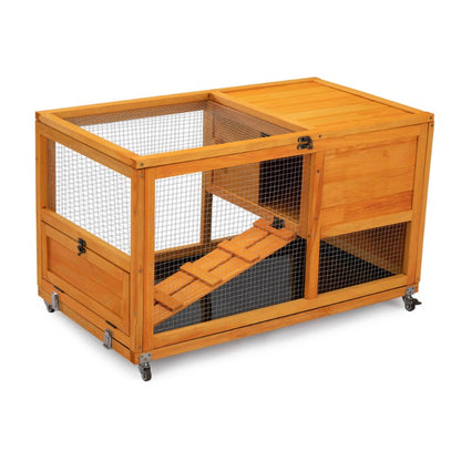 2-Tier Rabbit Hutch on Wheels, Bunny Cage with Run, Doors, Ramp, Openable Roof, Easy-to-Clean Tray, Pet House for Guinea Pigs Sm