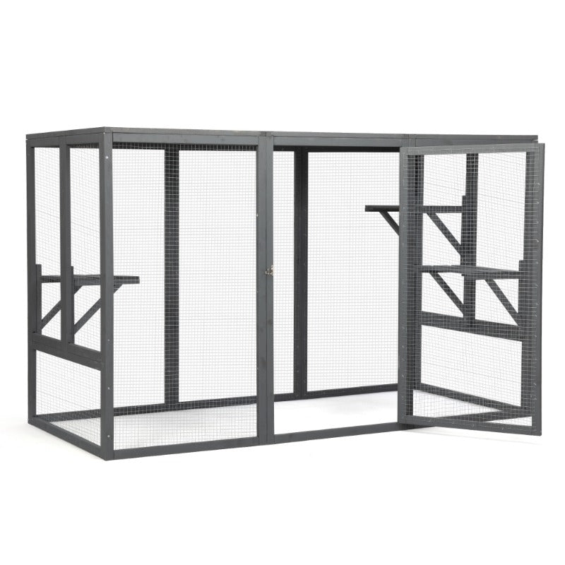 Spacious Wooden cat Cage with Waterproof Roof with Adjustable Pedals Suitable - Gray Black